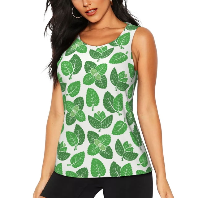 Balery Green Leaves Camiseta sin mangas estampada ligera para mujer, tops de entrenamiento sin mangas, camisetas de yoga transpirables de secado rápido.-Medium