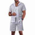 thumbnail image 4 of Men Mesh 2 Piece Outfits See Through Casual Shirts and Shorts Hollow Out Mid Shorts Set Light Gray XL, 4 of 8