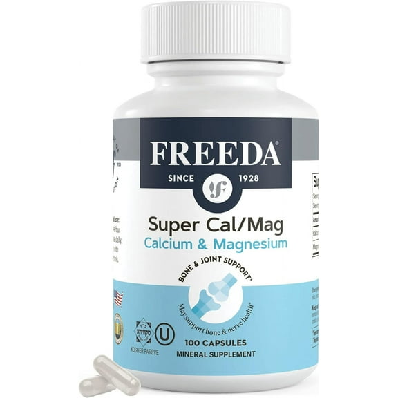 Freeda Super Cal/Mag Calcium Magnesium Supplement | Bone, Joint, and Nerve Support | Kosher, Vegan, Gluten Free | 100 Capsules