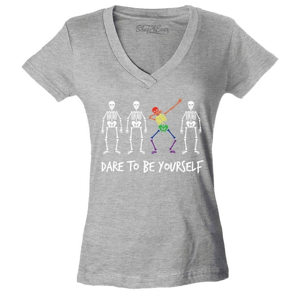 Shop4Ever Women's Dare to Be Yourself Gay Pride Slim Fit V-Neck T-Shirt XX-Large Sports Grey