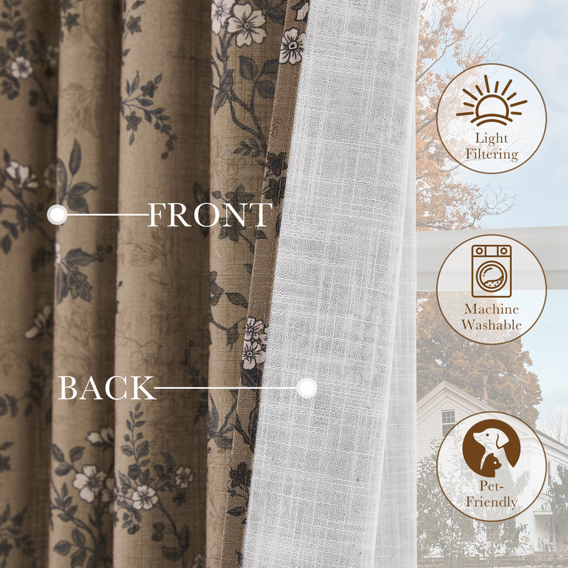 NICETOWN Linen Cotton Curtains for Living Room, Linen Blend Floral Printed Curtains Organic Privacy Drapes Back Tab Light Filtering Farmhouse Curtains, Khaki, 52"x84", 2 Panels