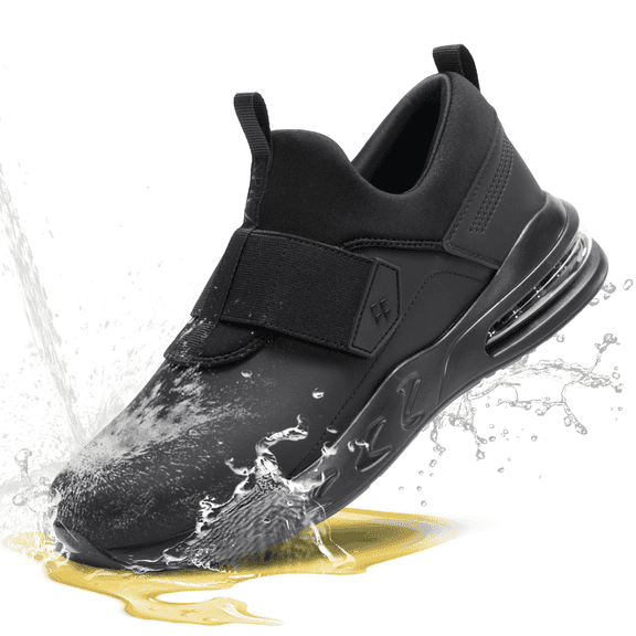 SPIEZ® Unisex Waterproof Work Shoes,Non Slip Air Cushion Work Sneakers,Easy Clean Slip On Food Service Shoes for Server|Nurse|Chef-Black,Size 10 Women/8.5 Men