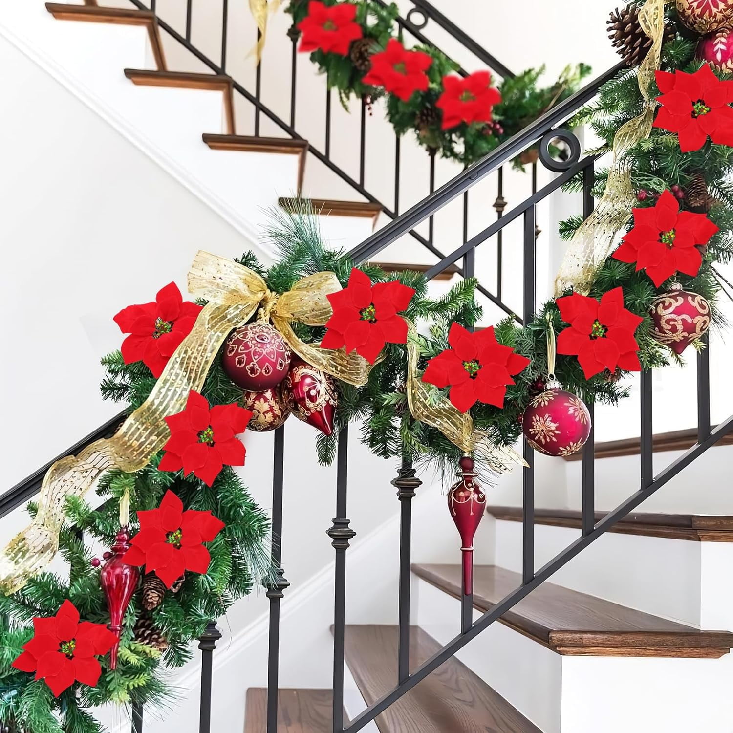 6 Pack Artificial Poinsettia Bushes, Red 7 Stems Velvet Poinsettia Floral, Christmas Artificial Poinsettia Flowers for Indoor Outdoor Christmas Xmas Tree Ornament Home Porch Decorations