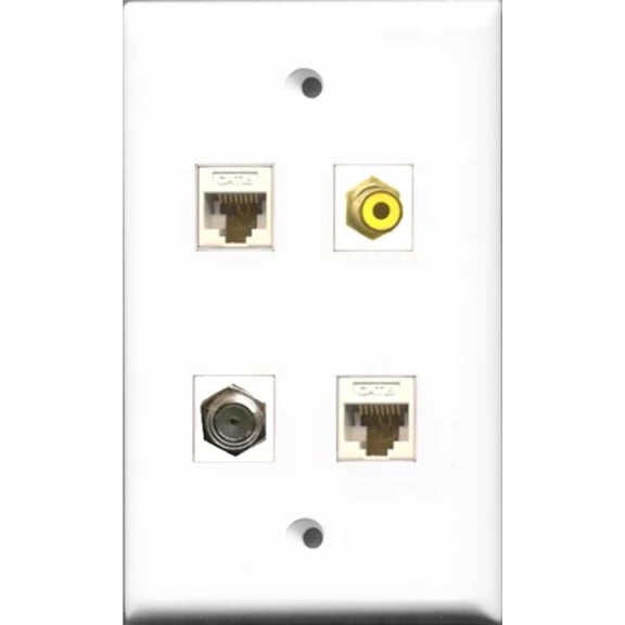 RiteAV 1 Port RCA Yellow and 1 Port Coax Cable TV- F-Type 2 Port Cat6 Ethernet White Wall Plate