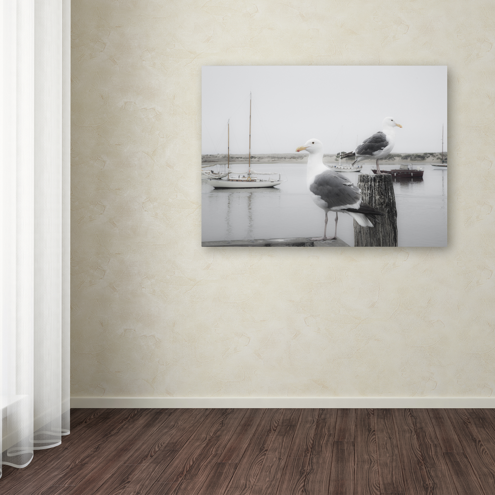 Trademark Fine Art "Two Seagulls and Boats" Canvas Art by Moises Levy