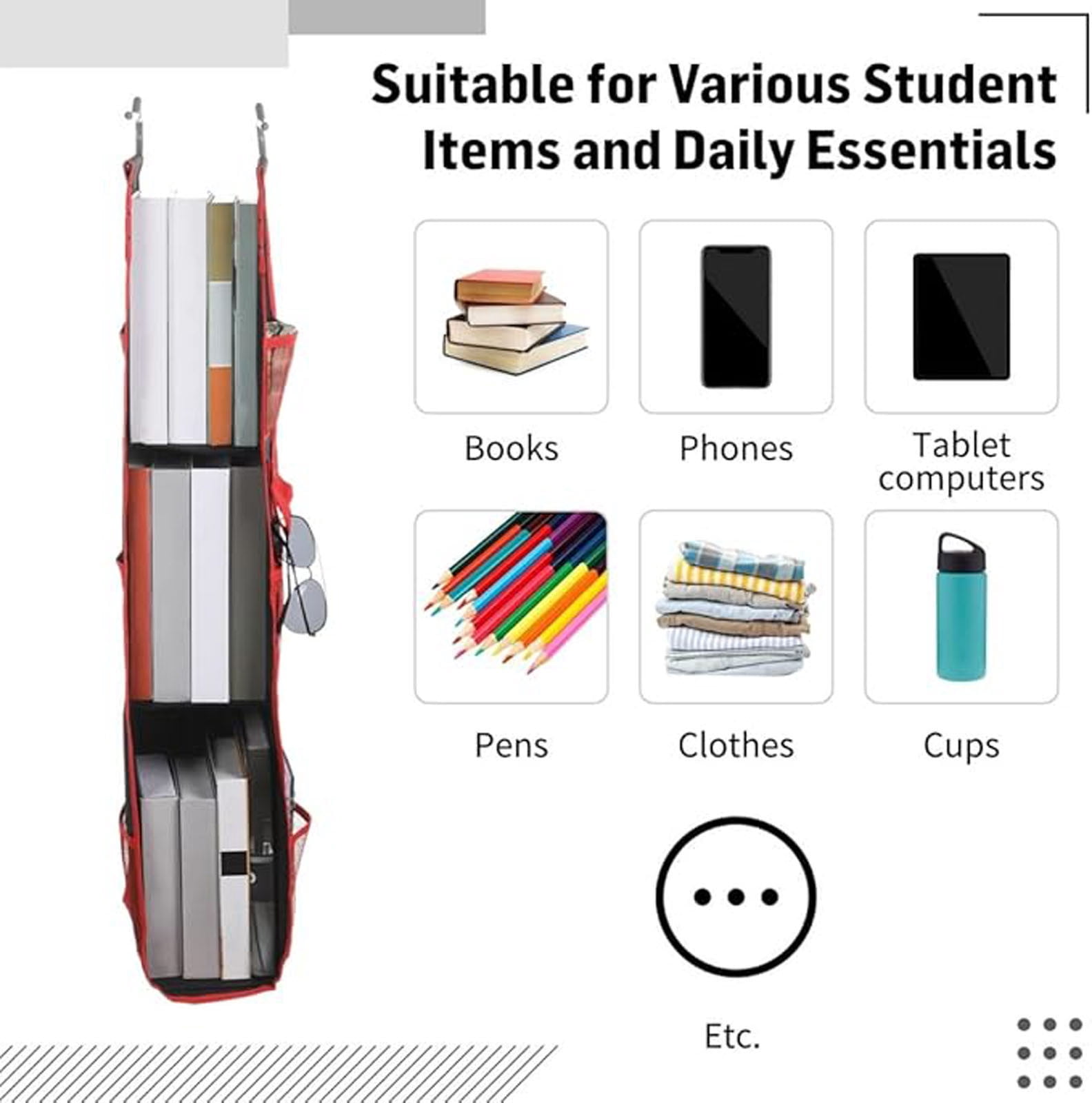 Locker Organizer Hanging Storage Rack | Multi-Pocket Cloth & Shoe Bag | Heavy-Duty Sturdy Hook | Black Red Design | Home Gym Wardrobe Space Saver | 1 Pack