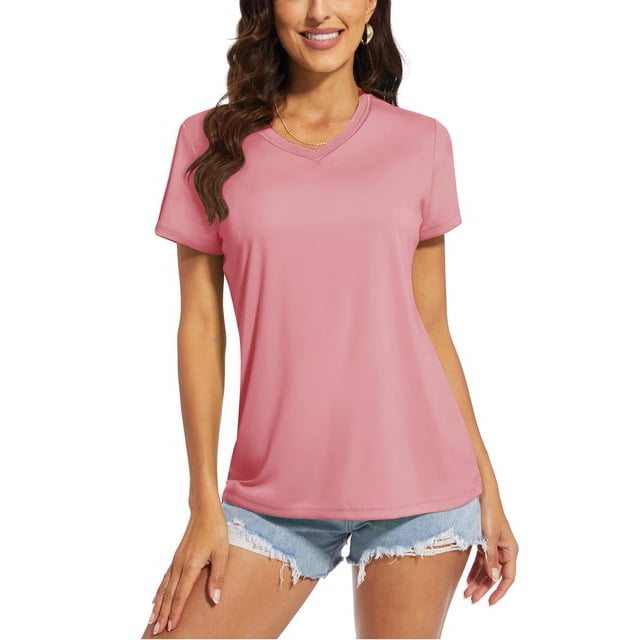 OUSITAID UPF 50+ T-shirts d'Été à Manches Courtes Col en V T-shirts de Protection Solaire pour Femmes Séchage Rapide Randonnée Course Hauts