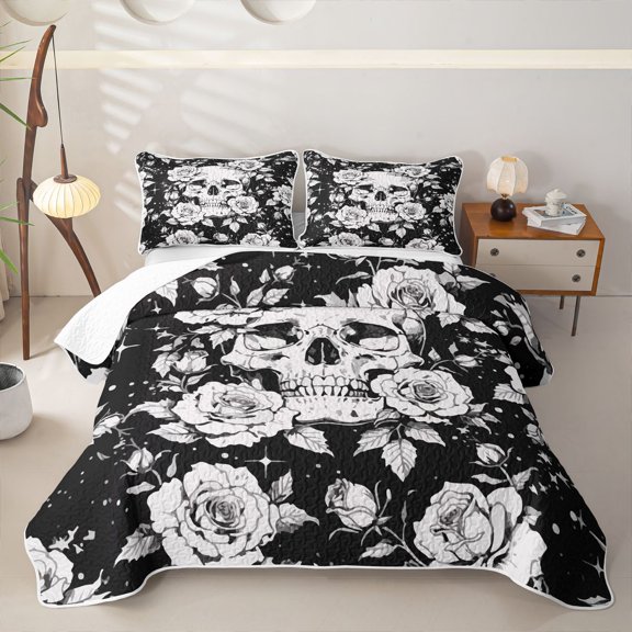 Homewish Halloween Goth Skull Twin Quilt Set,Victorian Romantic Flowers Twin Coverlet Set,Black White,2 Pieces