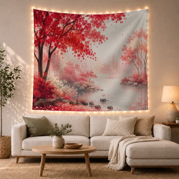 Red Maple Tree on Calm Water in Misty Forest, Serene Watercolor for Nature Lovers, Autumn Landscape Art Decor, Anniversary Gift, Tapestry Wall Hanging for Bedroom and Living Room