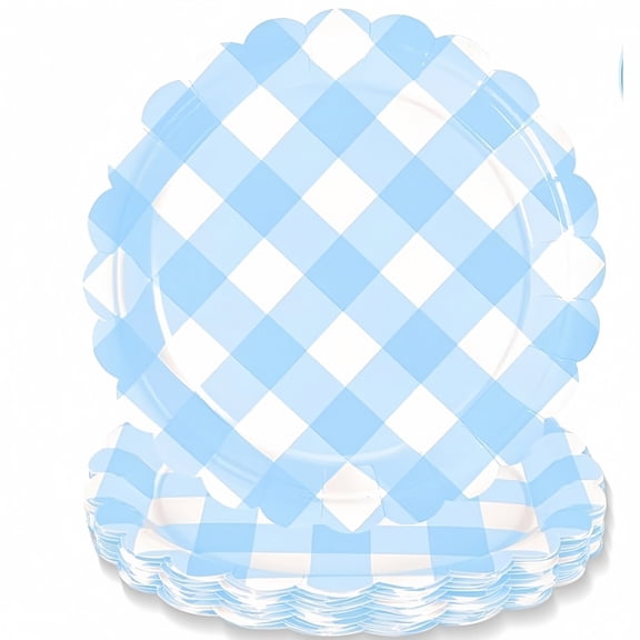 Light Blue Paper Plates 7 Inch with Scalloped Edge and Gingham Pattern, Elegant Disposable Dessert Plates for Student Birthday Party and Student Shower, Festive Blue and White
