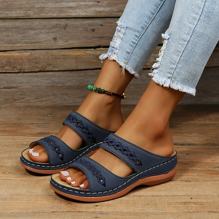 

Cathalem Women Casual Sandals Women Summer Solid Color Slip On Casual Open Toe Wedges Soft Bottom Breathable Womens Flat Sandals Dark Blue 6.5