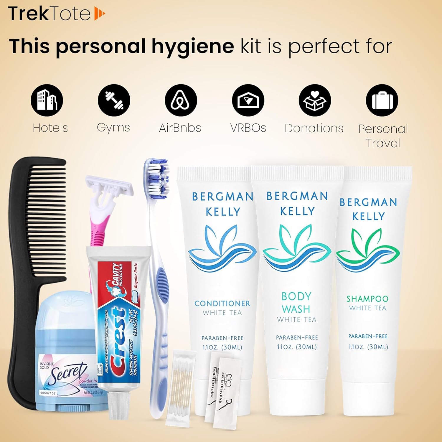 Trektote Bulk Hygiene Kit For Women – (50 Pack) 12 Piece Set Of Travel Size Toiletries, TSA Compliant, Bulk Travel Essentials, Includes Shampoo And Conditioner, Body Wash, Toiletry Bag & More