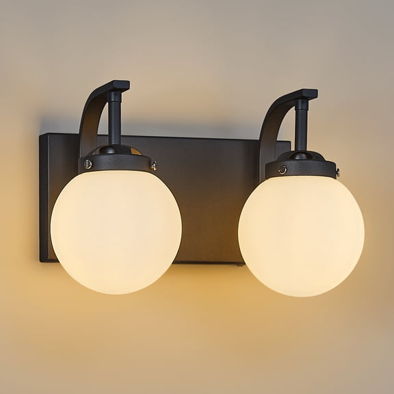 Deyidn 2 Lights Bathroom Vanity Light Fixtures Modern Sand Black Vanity Light with Milk White Glass Globe Shade Bathroom Lighting Over Mirror Wall Sconce for Bedroom Living Room Hallway