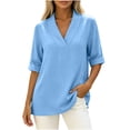 thumbnail image 2 of Women's Summer Shirts Casual Loose V-Neck Fixed Roll Cuff Short Sleeve Solid Color Blouses Lightweight cotton Linen Curved Hem Short Tops for Office Daily Wear, 2 of 7