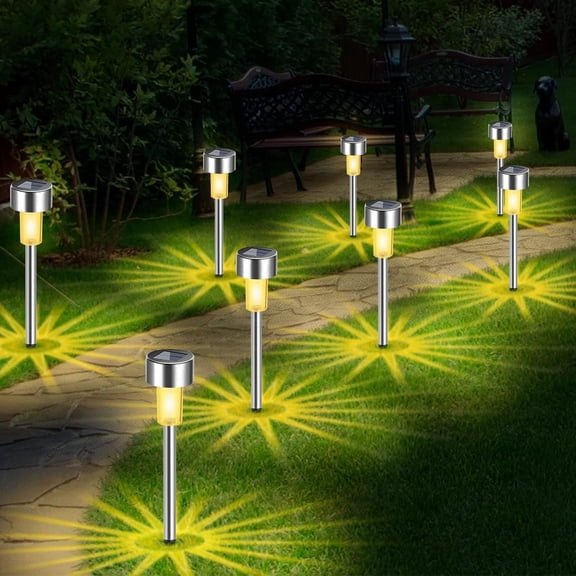 Fohil 10 Pack Solar Pathway Lights Outdoor, Waterproof Solar Garden Lights LED Stainless Steel Solar Lights for Walkway Path Driveway Patio Yard Lawn Decor Warm