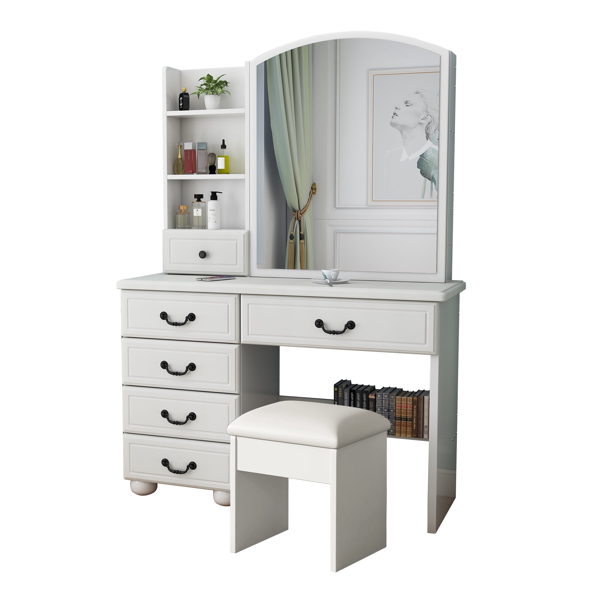 Mintazer Vintage Makeup Vanity Table with Arched LED Mirror, 5 Drawers & Open Side Shelves, Dressing Table with Cushioned Stool & Flip Storage Mirror Cabinet for Bedroom Apartments, White