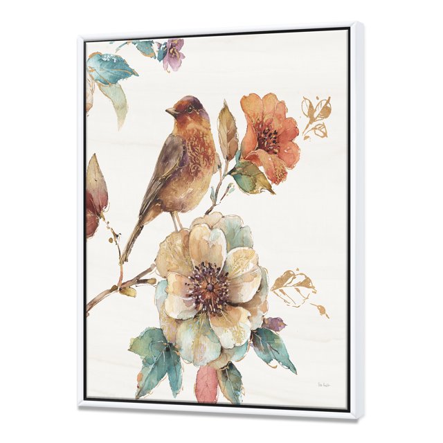 Farmhouse Bird on Flower Branch - Traditional Framed Canvas