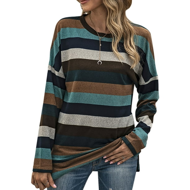 Abtel Women Casual T Shirt Blouse Plus Size Long Sleeve Stripe Patchwork Pullover Tops Walmart Com Walmart Com