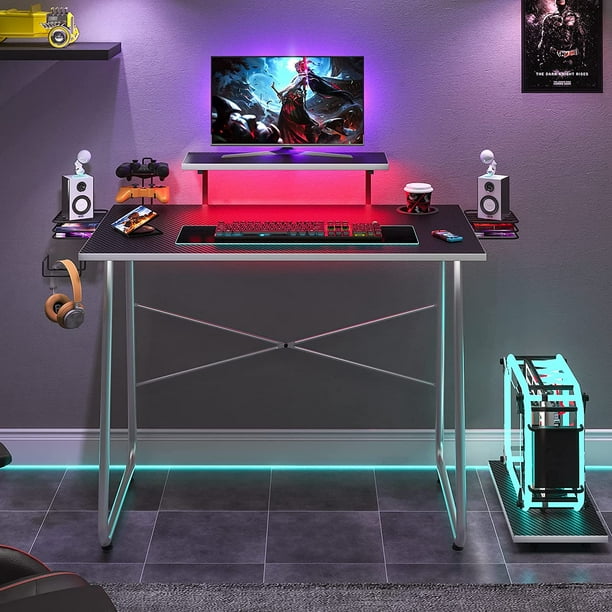 Bestier 51 inch Gaming Desk with RGB light Carbon Fiber Surface Computer Desk with Controller Rack & Holder & Headphone Hook & CD Holder, Grey Tube - Walmart.com