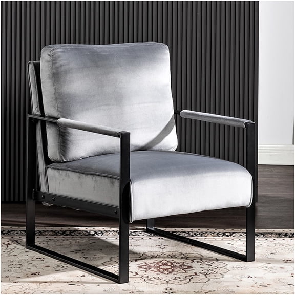 JERFIT Mid Century Modern Accent Chair, Velvet Upholstered Armchair with Square Metal Frame for Living Room, Bedroom, Home Office, Classic Design, Comfortable Seating, Grey