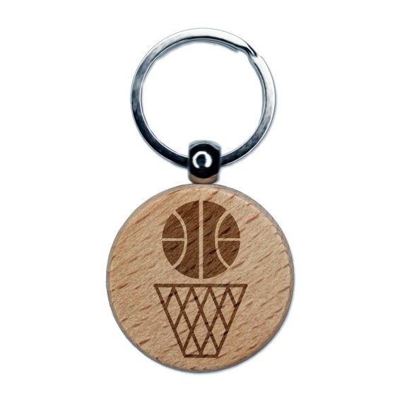Basketball and Hoop Round Keychain Charm Tag - Engraved Wood