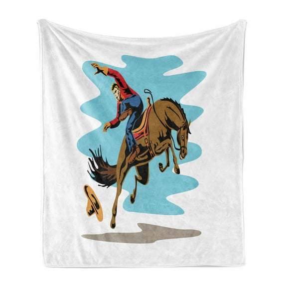 Rodeo Soft Flannel Fleece Throw Blanket, Cowboy Failing off His Horse in an Arena Old West Exotic Sports Digital Graphic, Cozy Plush for Indoor and Outdoor Use, 70" x 90", Multicolor, by Ambesonne
