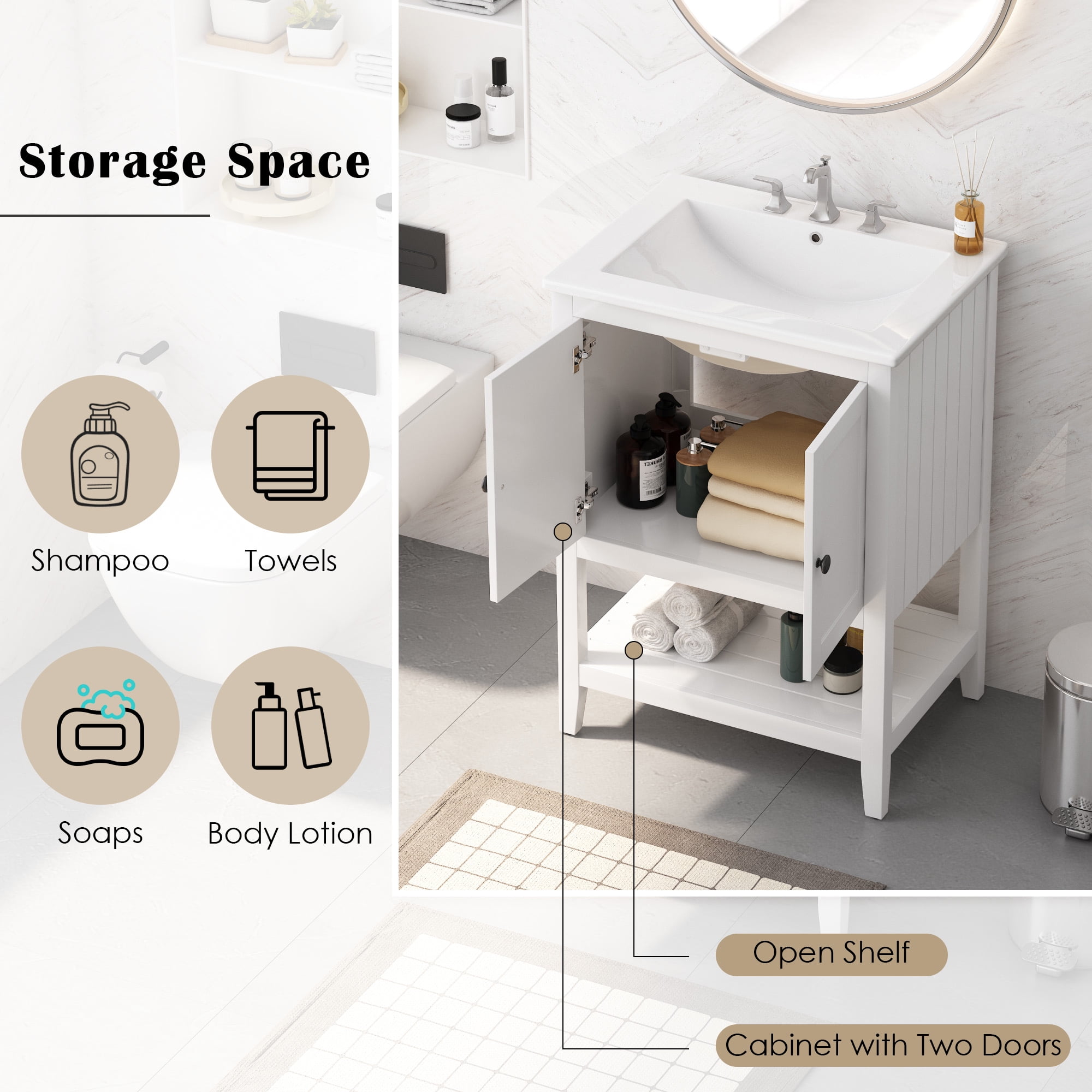Euroco 24" White Modern Sleek Bathroom Vanity Elegant Ceramic Sink with Solid Wood Frame Open Style Shelf