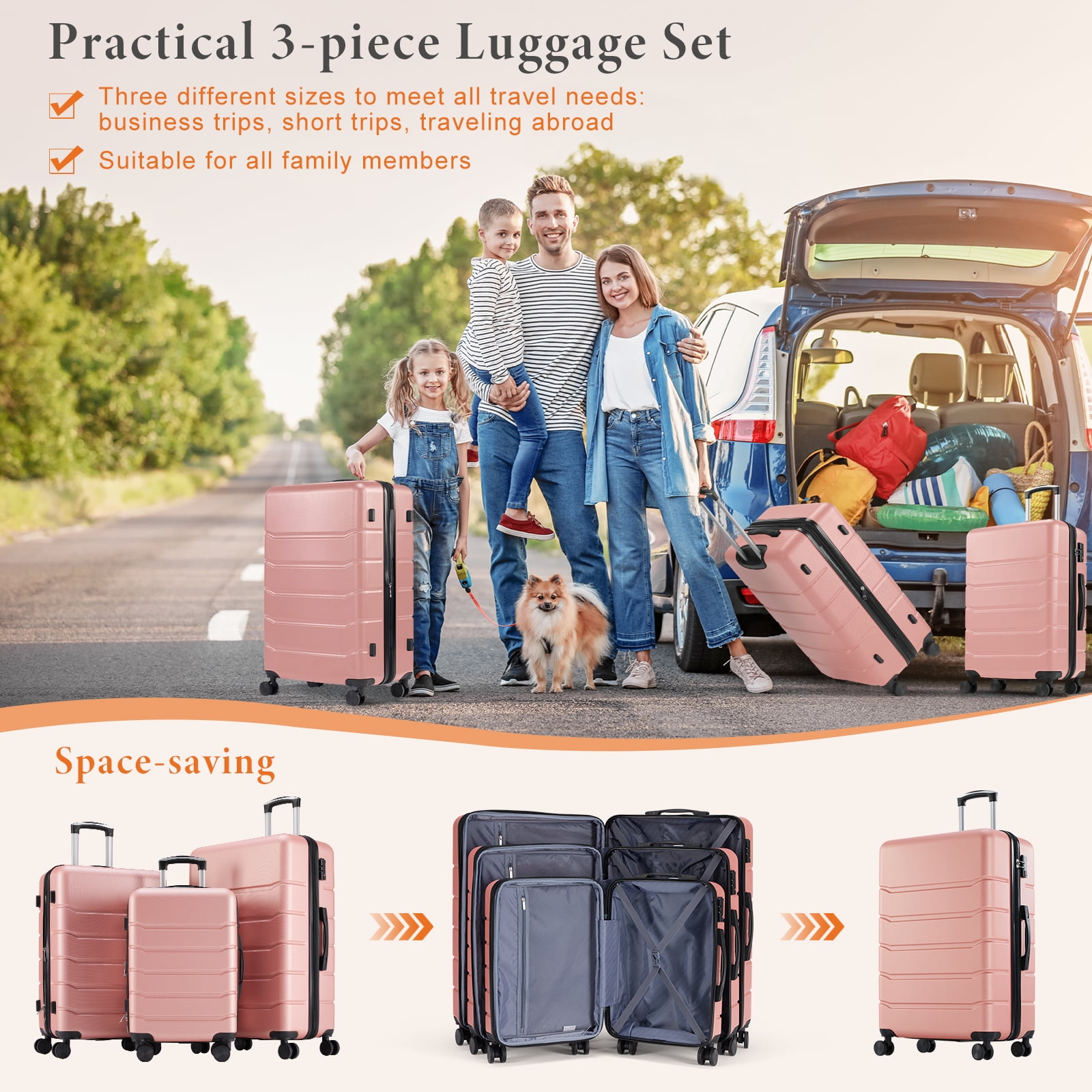 CONCETTA 3-Piece Luggage Sets, Hardside Luggage 20/24/28-Inch, Expandable and TSA Lock, Hard Shell Lightweight Roller Suitcase, Pink
