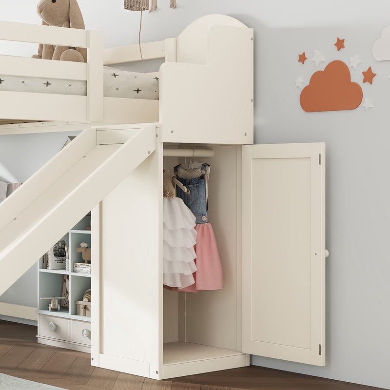 Full Size Kids/Teens Loft Bed with Storage Staircase, Slide & Wardrobe, Princess Bed Frame with Curved Guardrail