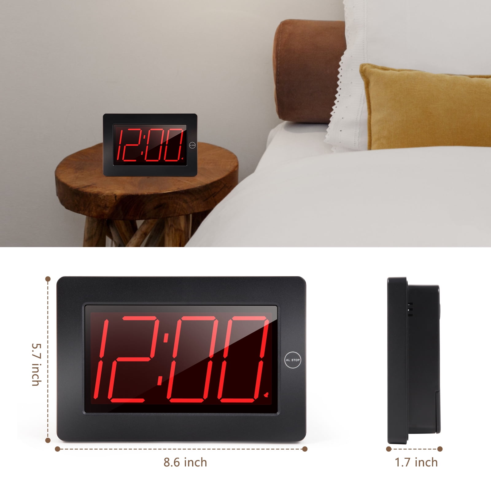 Kwanwa 8" Digital Wall Clock, Alarm Clock Battery Operated, Auto Dimmer Mode, Tabletop, Bedroom, Living Room, Office