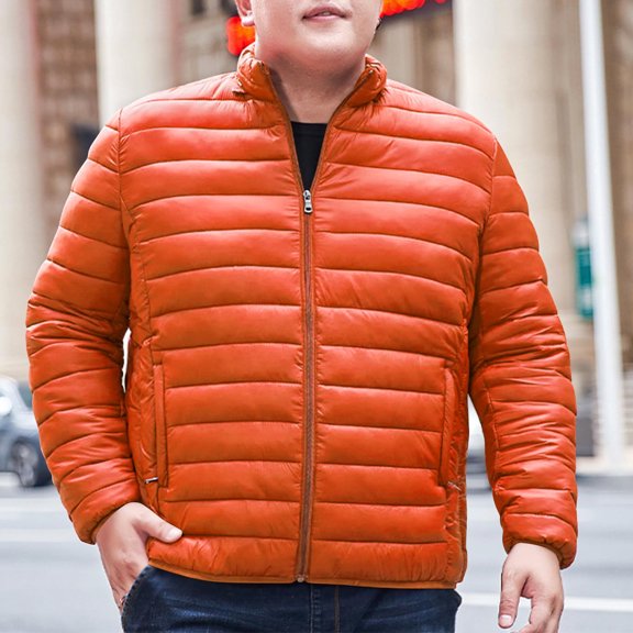 RKSTN Plus Size Quilted Puffer Jackets for Men Long Sleeve Zip up Jacket Stand up Collar Comfy Versatile Winter Padded Jacket with Pockets (Orange ,XXXXXL)