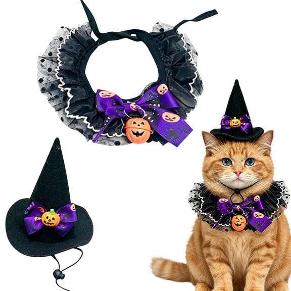Halloween Witch Costume for Cats – Lace Scarf Pointed Hat Set, Adjustable Elastic Fits Kittens & Small Cats, Purple Photo Prop