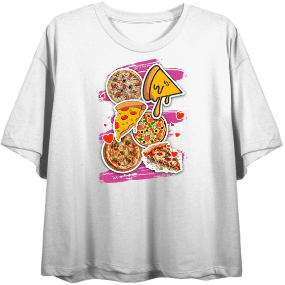 Love At First Bite Pizza Stickers Women's White Crew Neck Short Sleeve Top-XS