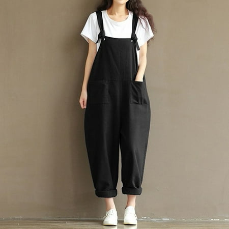 - Women Casual Loose Linen Pants Cotton Jumpsuit Strap Harem Trousers Overalls Black Size M