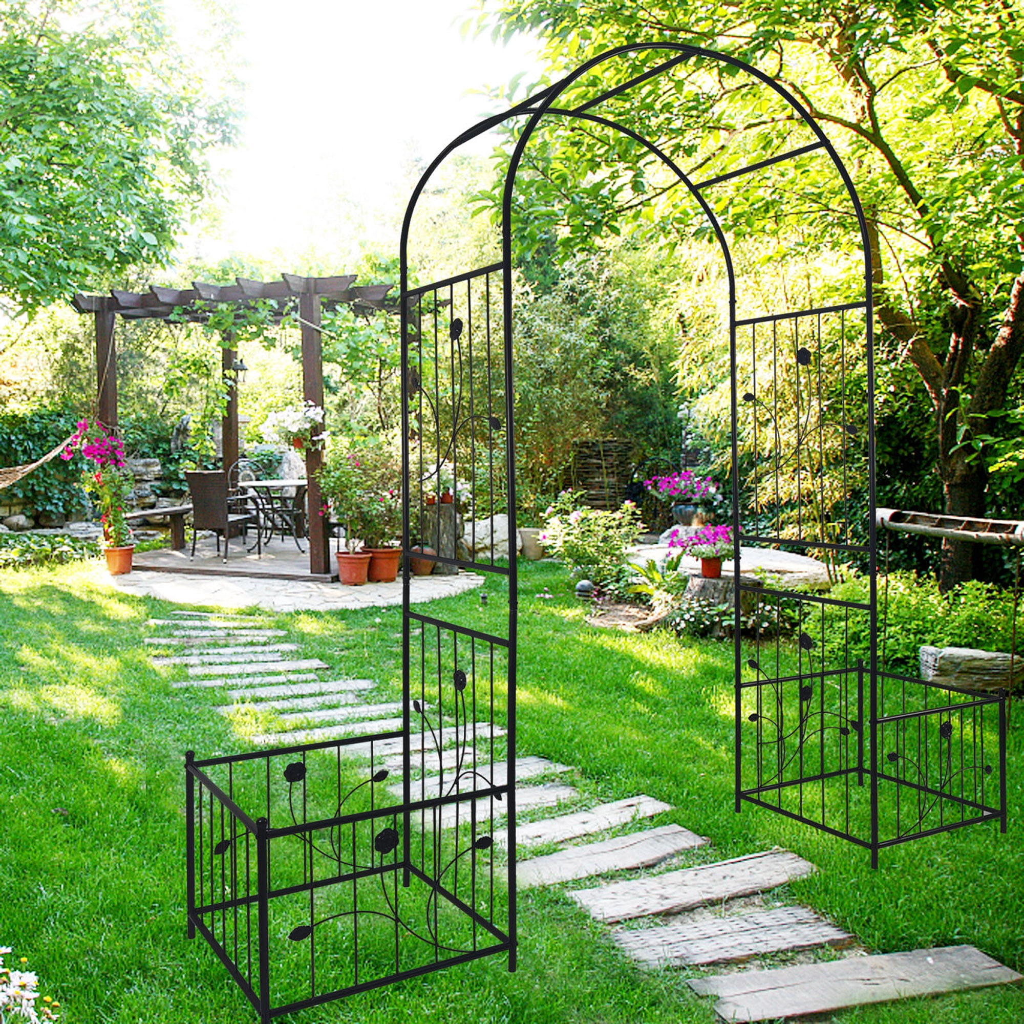 Metal Garden Arbor with Planter Box, 7.2FT Garden Trellis for Climbing ...