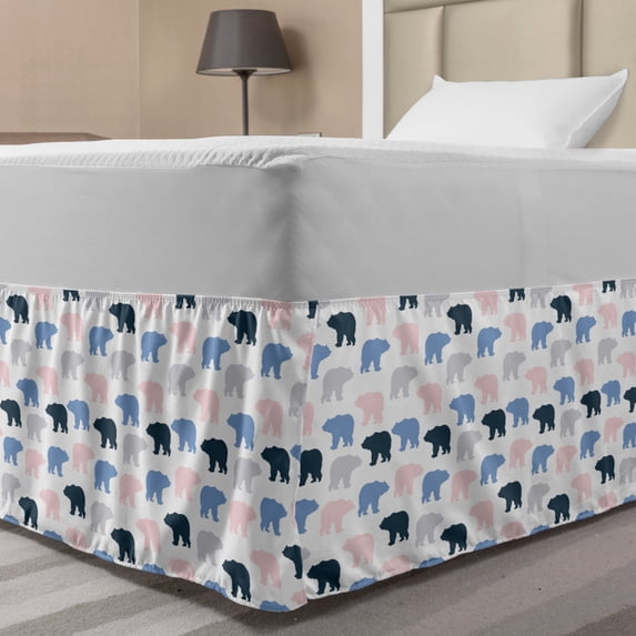 Bear Bed Skirt, Pattern of Animal Silhouettes on a Plain Background, Elastic Bedskirt Dust Ruffle Wrap Around for Bedding Decor, 4 Sizes, Rose Blue Grey, by Ambesonne
