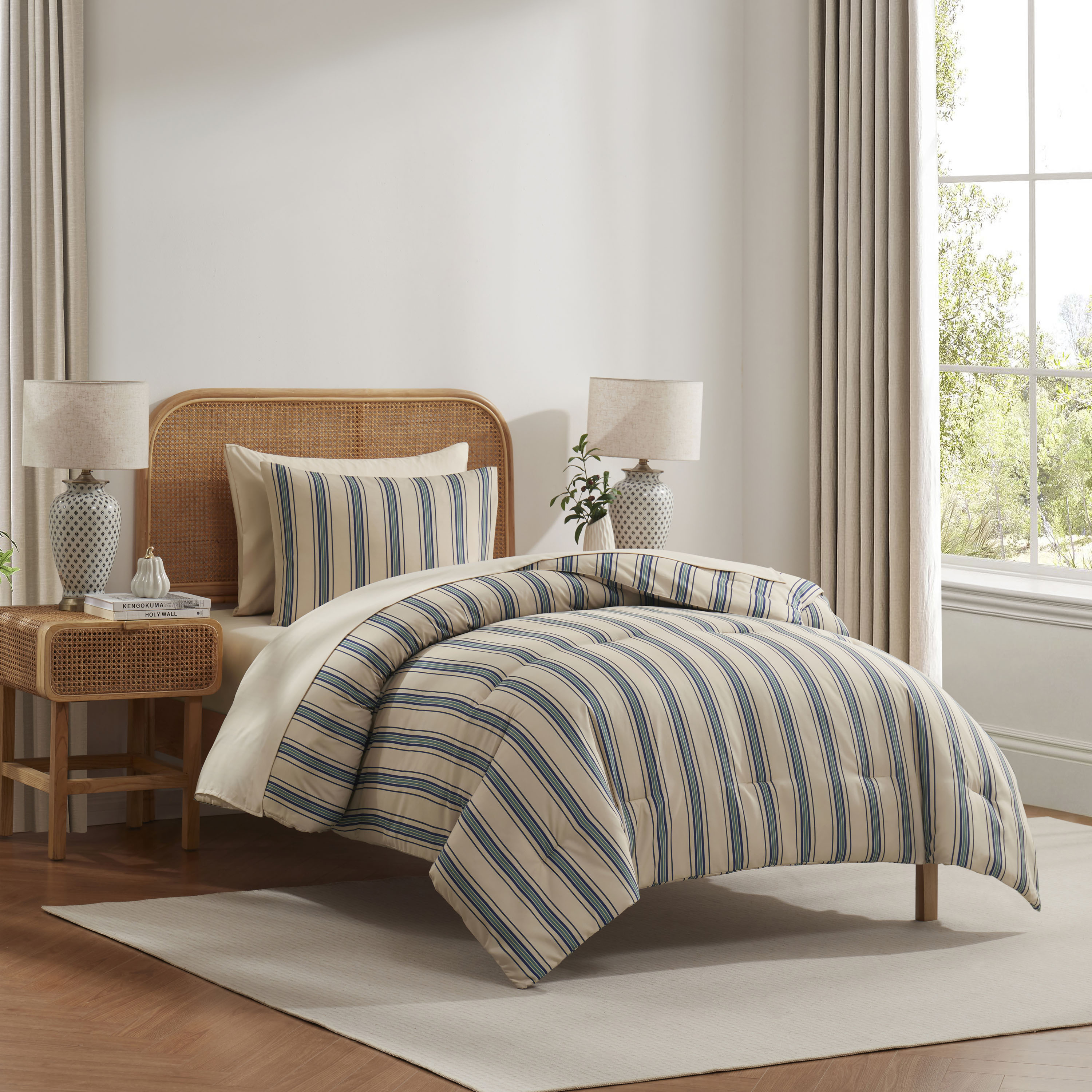 LammaLoe Twin Comforter Sets, 5 Piece Striped Bed in a Bag, Bedding Comforter Set with Sheets, Modern Bed Set, Cream