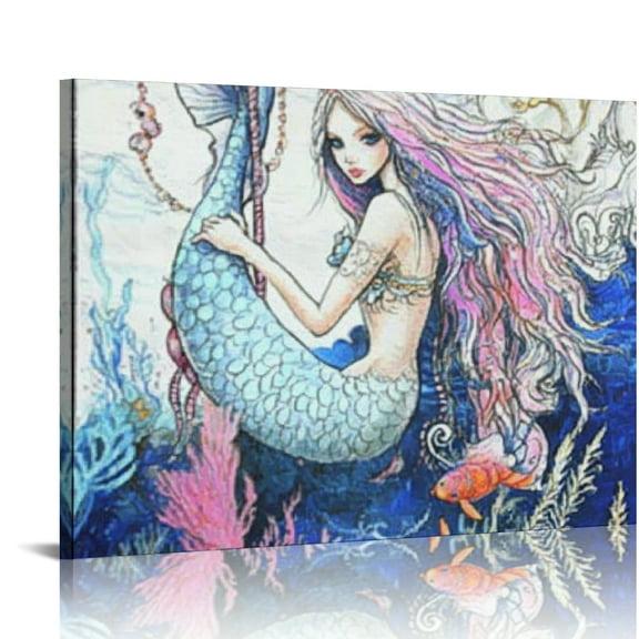 Sheronv Mermaid Fantasy Art Sea Horse Canvas Wall Art Living Room Bedroom Home Office Decor 20x16in
