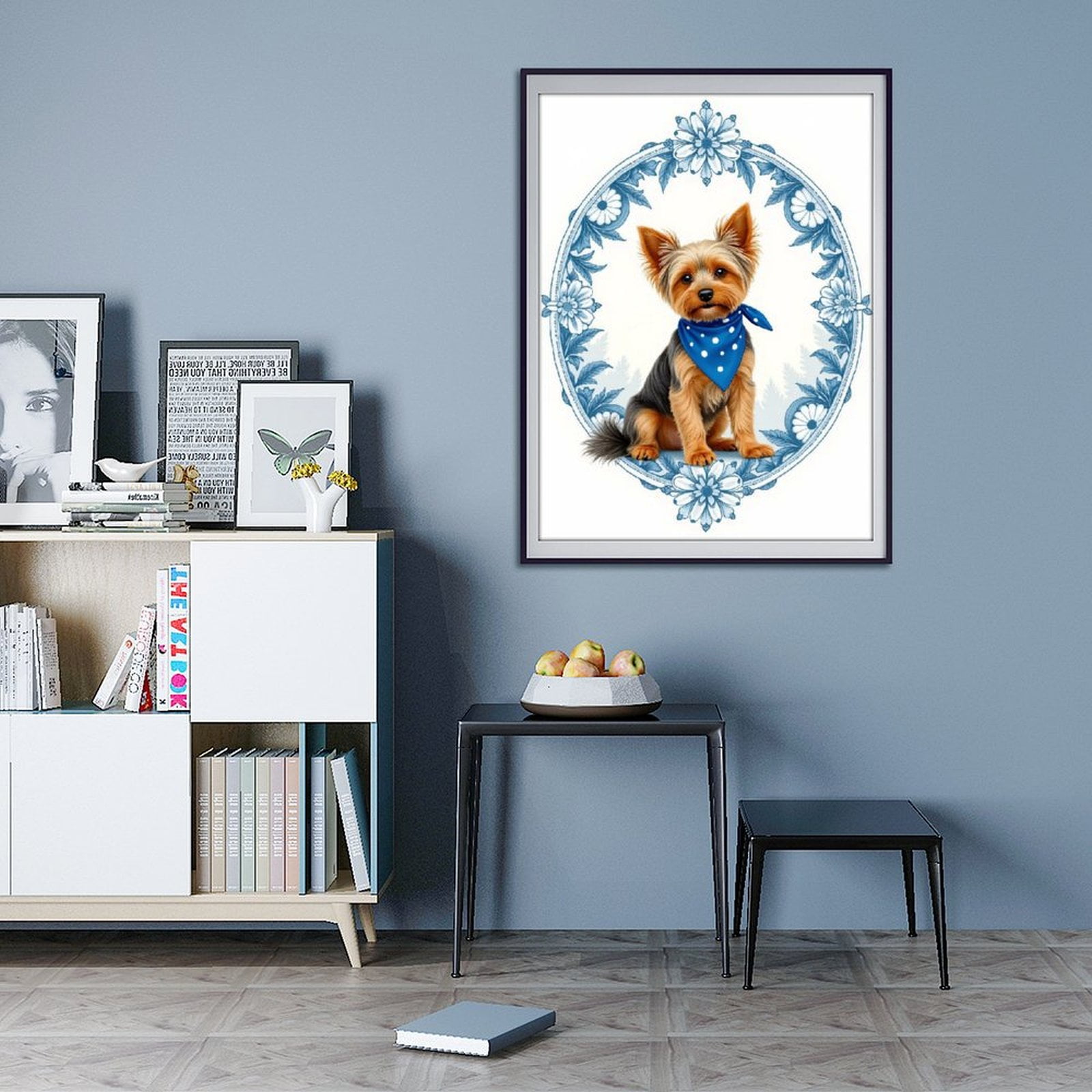 Diamond Art Kit for Adults, Small Dog Blue Bandana Floral Frame Diamond Painting for Adults Beginners, DIY Diamond Art Painting Kits, 5D Diamond Painting Crafts for Home Decor 12x16 Frameless