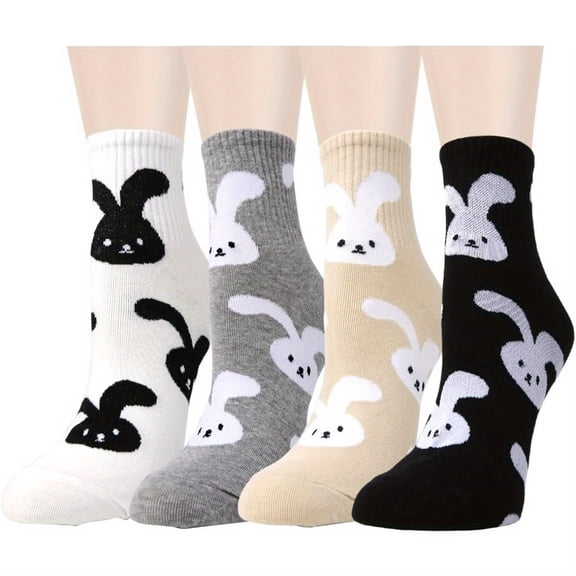 4Pcs Bunny Funky Socks, Bunny Fun Socks, Bunny Fun Socks for Woman, Bunny Fuzzy Socks, Bunny Fluffy Socks, Women Easter Theme Mid Calf Cotton Knit Casual Socks, Multicolor