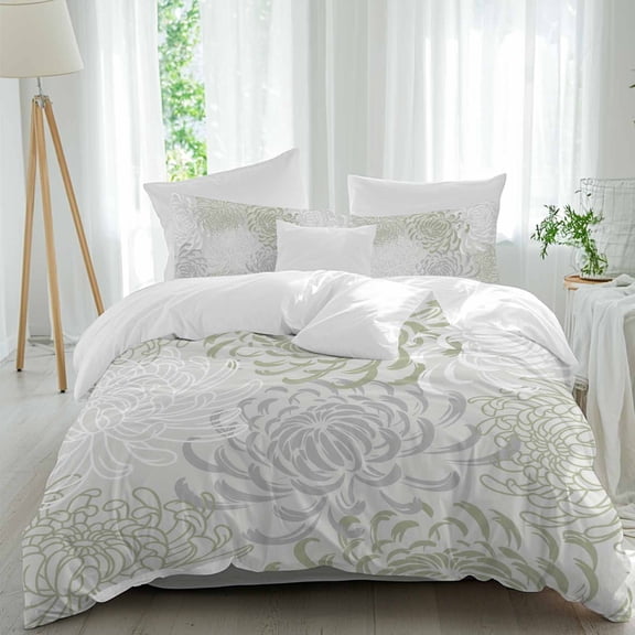 3 Piece Sage Green White Duvet Cover Set Twin Size, Microfiber Comforter/Quilt Cover with Corner Ties and 2 Pillowcases, Abstract Grey Chrysanthemum Flower All Season Soft Bedding with Zipper Closure