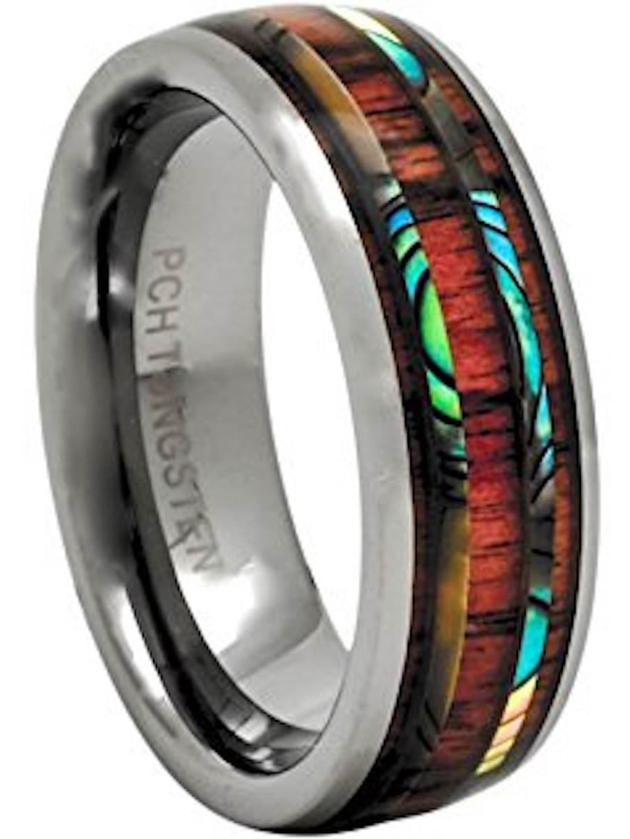 PCH Rings Men's Women's Tungsten Ring Abalone Koa Wood