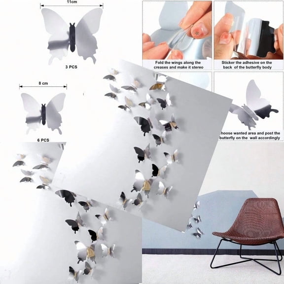 48 Pieces DIY Mirror Butterfly Combination 3D Butterfly Wall Stickers Decals Home Decoration