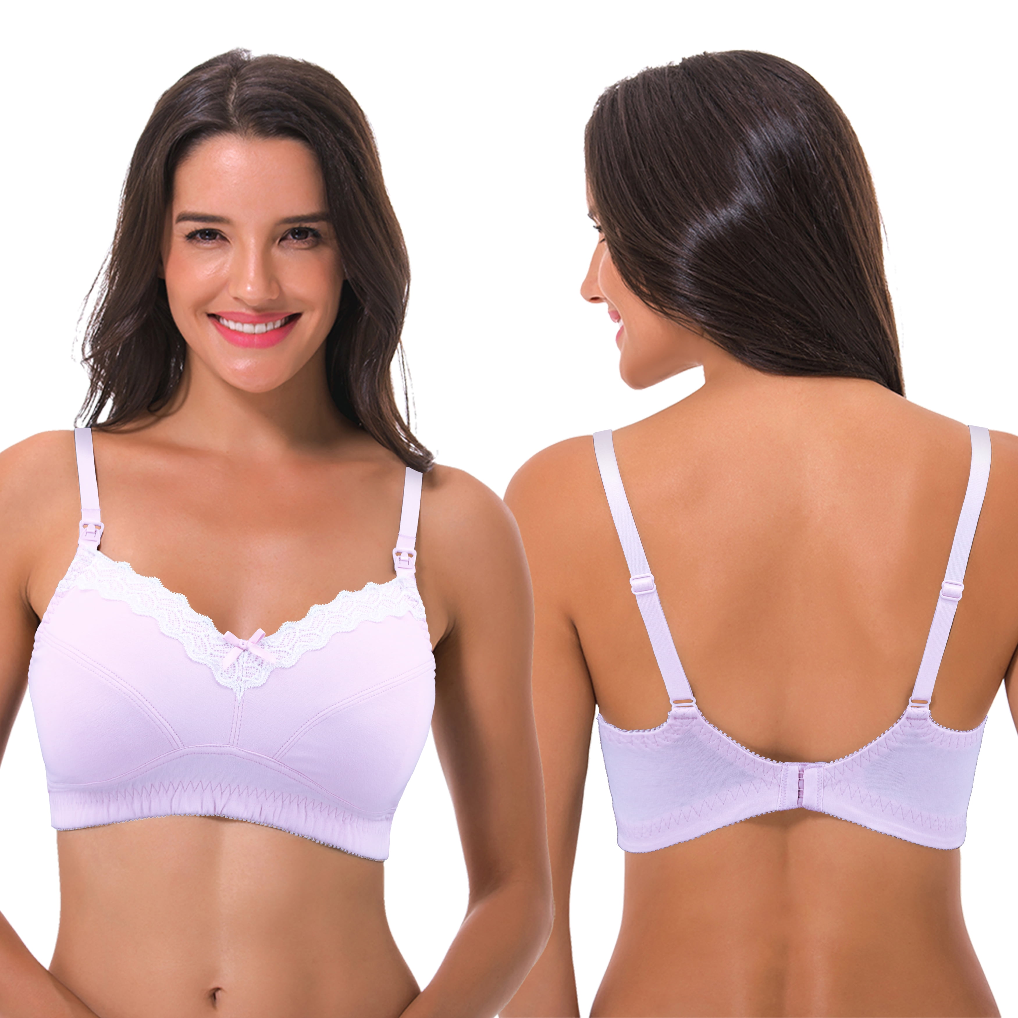 Curve Muse Women's Nursing Plus Size Wirefree Cotton Bra With Upper Lace-3Pack-LAVENDER,PINK,IVORY-34C