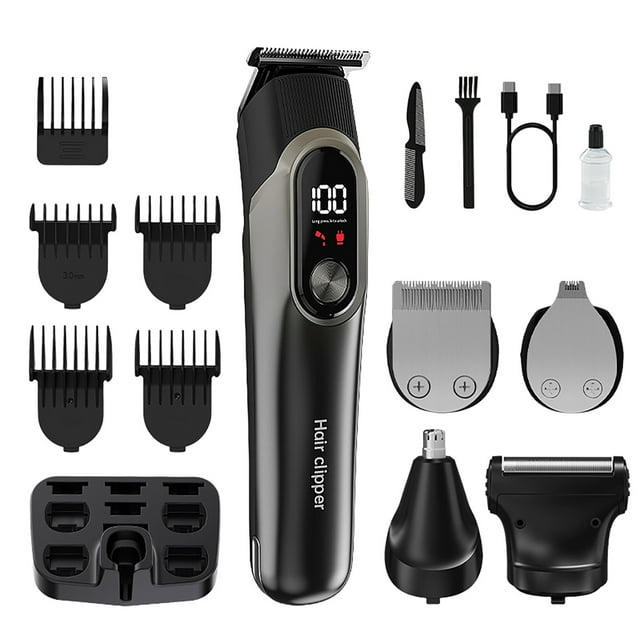 Digital Hair Clippers Set with Adjustable Cutting Length, Silent Rechargeable Hair Trimmer, Beard Sculpting, Multifunction Pushers for Home, Salon, Travel Grooming