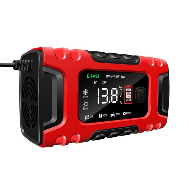 Cargador de batería inteligente de 12V 10A con pantalla grande para plomo-ácido AGM GEL (rojo EE. UU.)