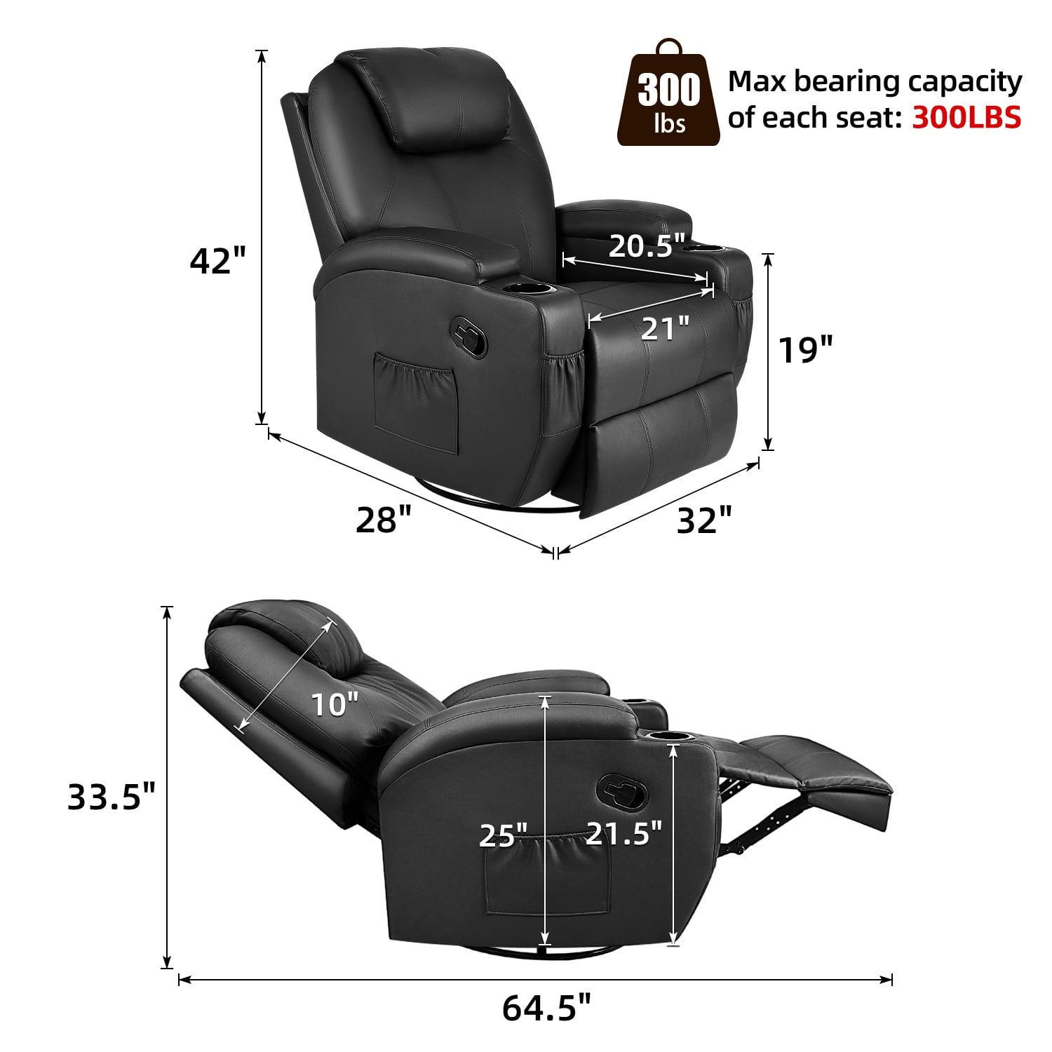 Vineego 360° Swivel PU Leather Chair with Massage Function Adjustable Home Theater Single Recliner,Black