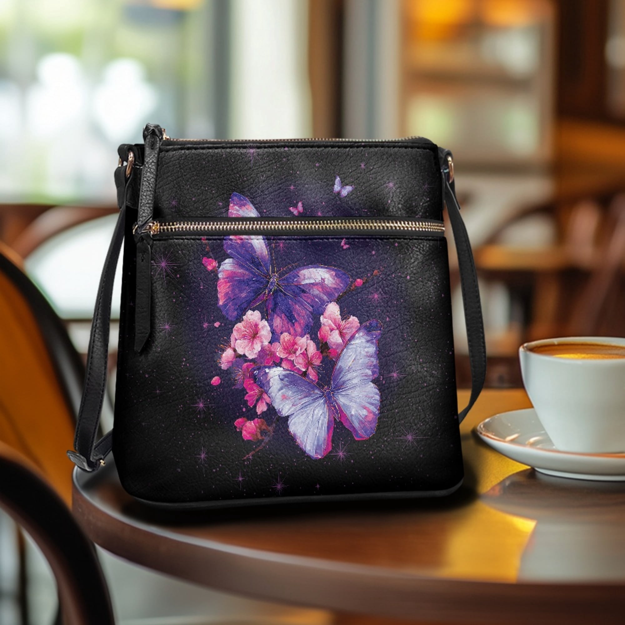 Kuiaobaty Butterfly Cherry Blossom Print Crossbody Bag for Women, Large Capacity Vegan Leather Shoulder Purse with Adjustable Strap, Waterproof Sling Handbag Crossbody for Travel