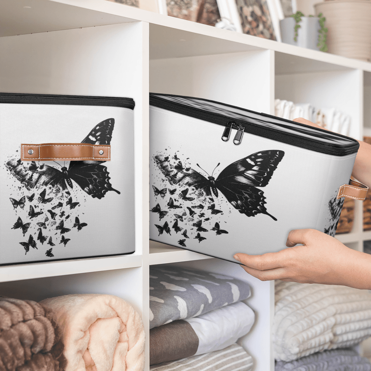 ADECORIVY Butterfly Storage Bin with Lid Fabric Black White Foldable Storage Baskets Boxes for Clothes Shelves Closet Organizer Containers with Leather Handles for Wardrobe