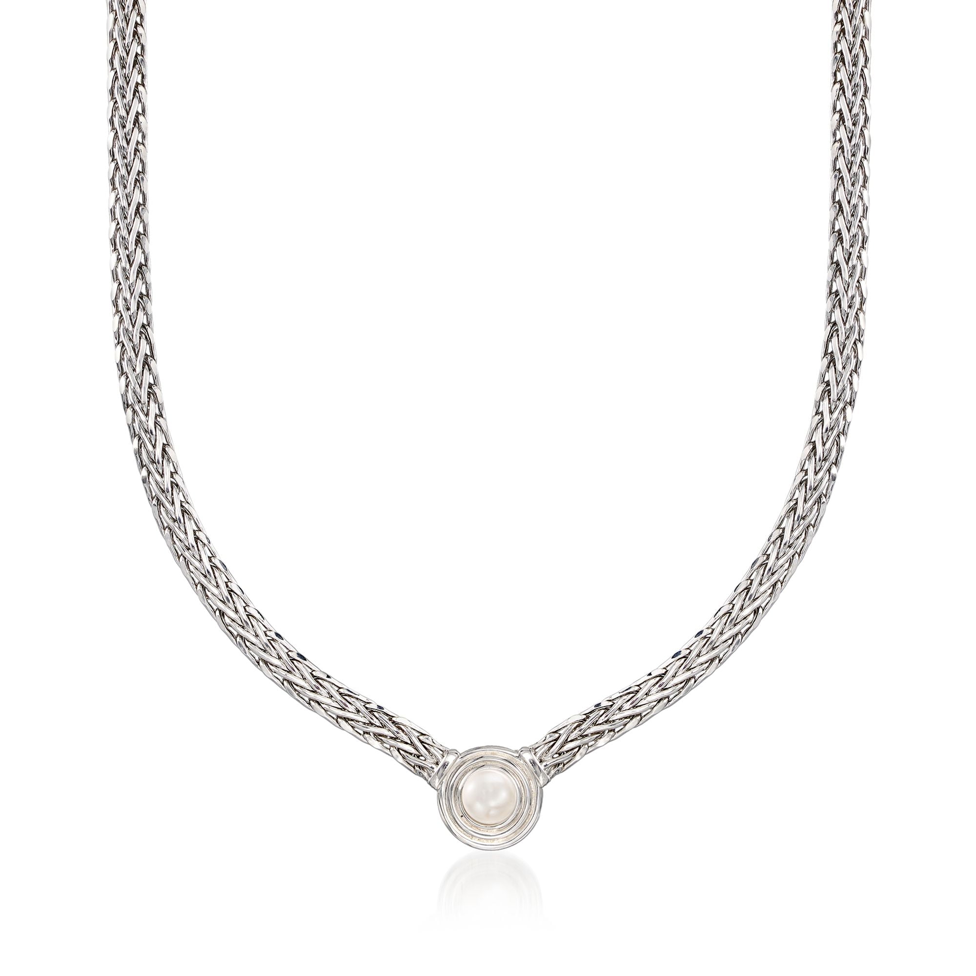 RossSimons RossSimons 8mm Cultured Pearl Flat Wheat Chain Necklace in Sterling Silver